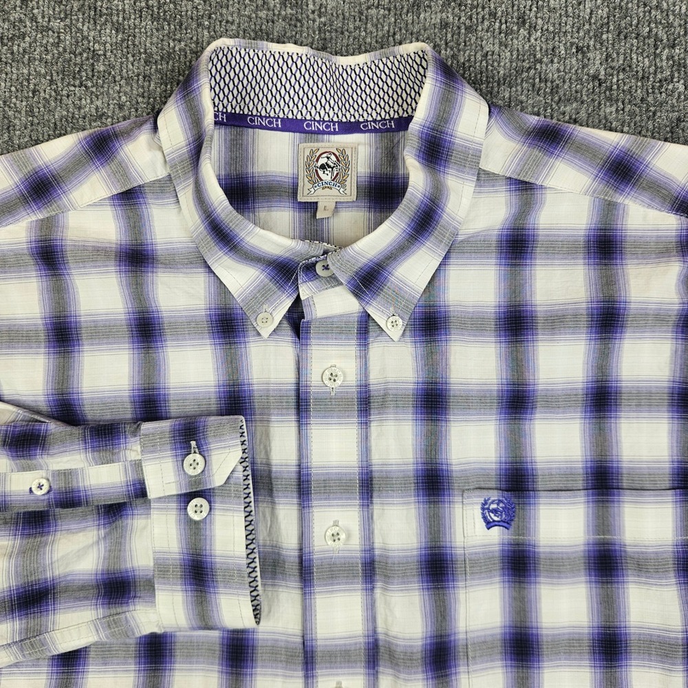 Cinch Button Down Shirt Mens L Purple White Plaid‎ Long Sleeve Western Rodeo